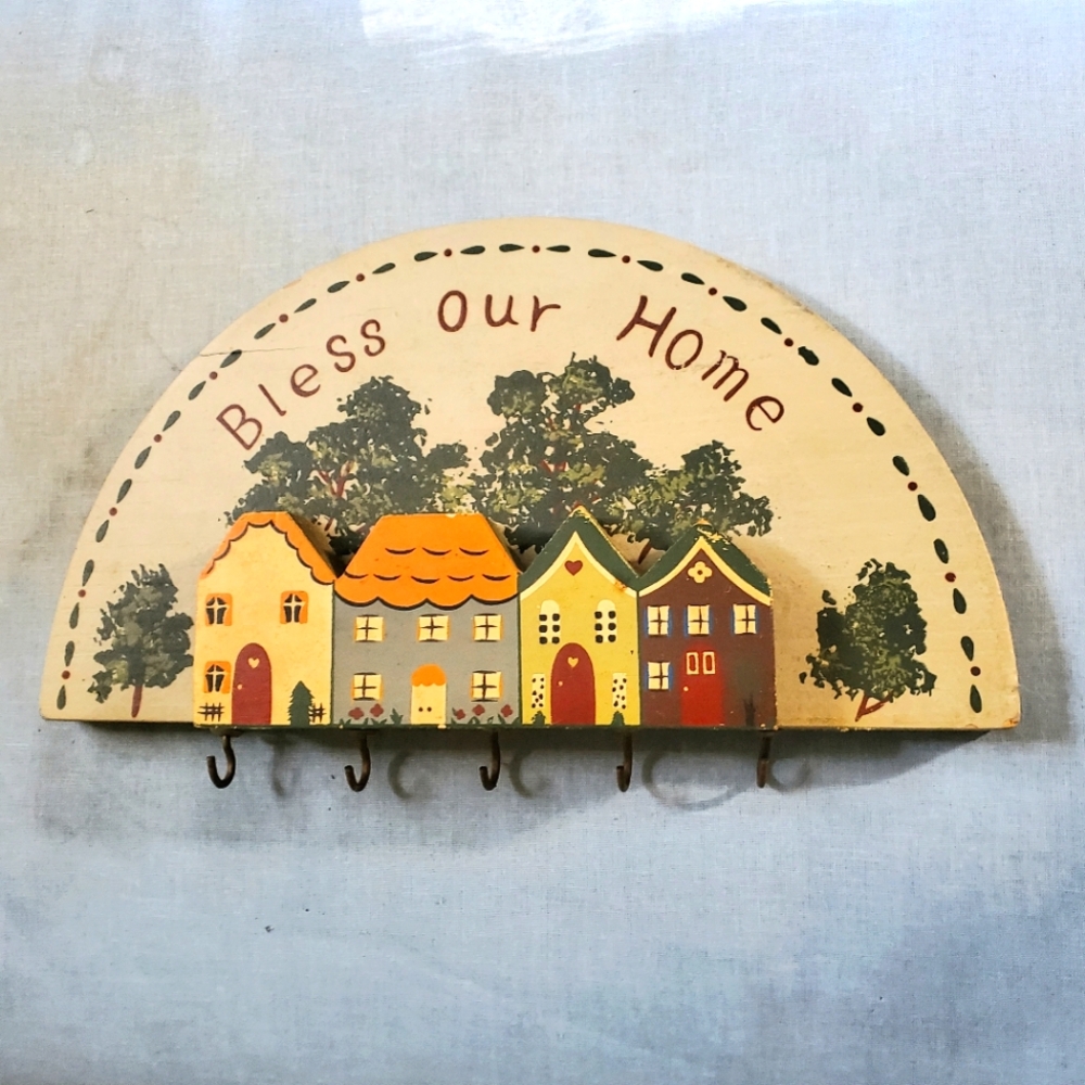 Vintage Bless Our Home Painted Wood Cottage Keyholder Cottagecore
